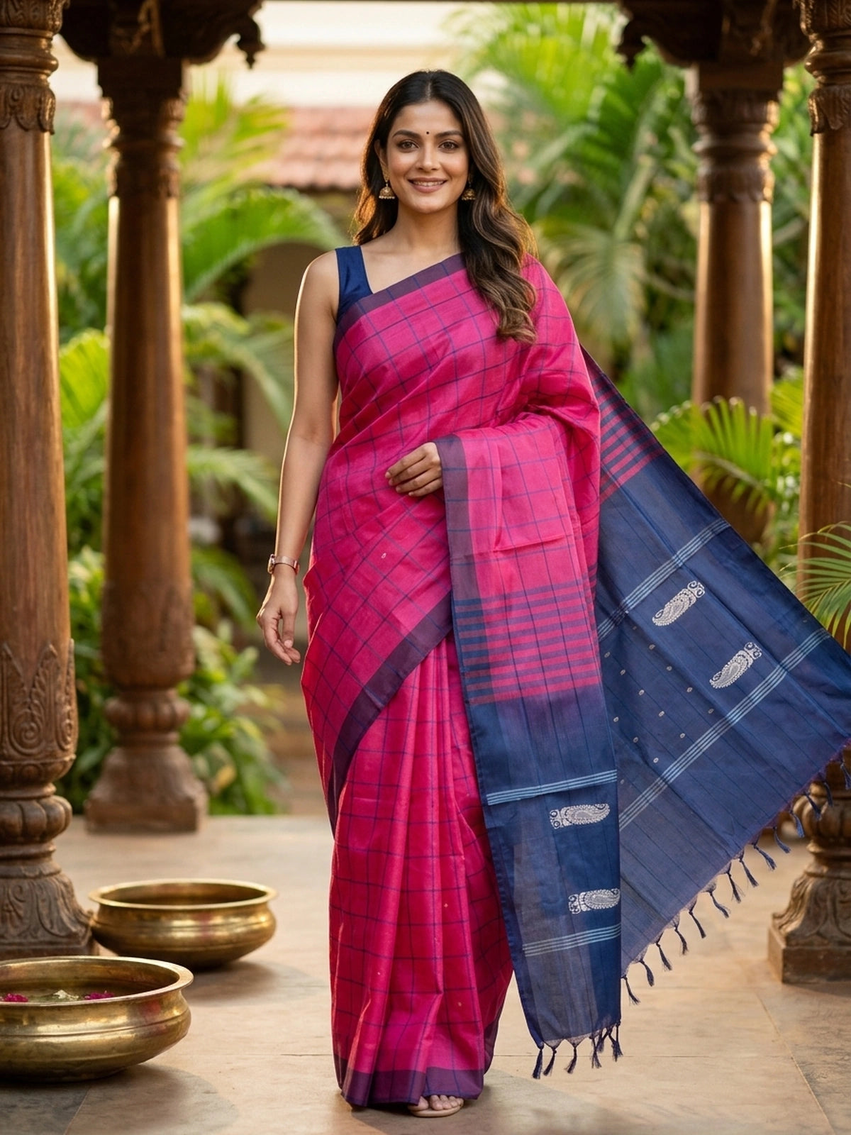 Pink and Navy Blue Banana Silk Sarees