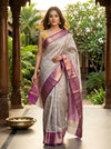 Sage Grey and Purple Kanchi Semi Silk Saree