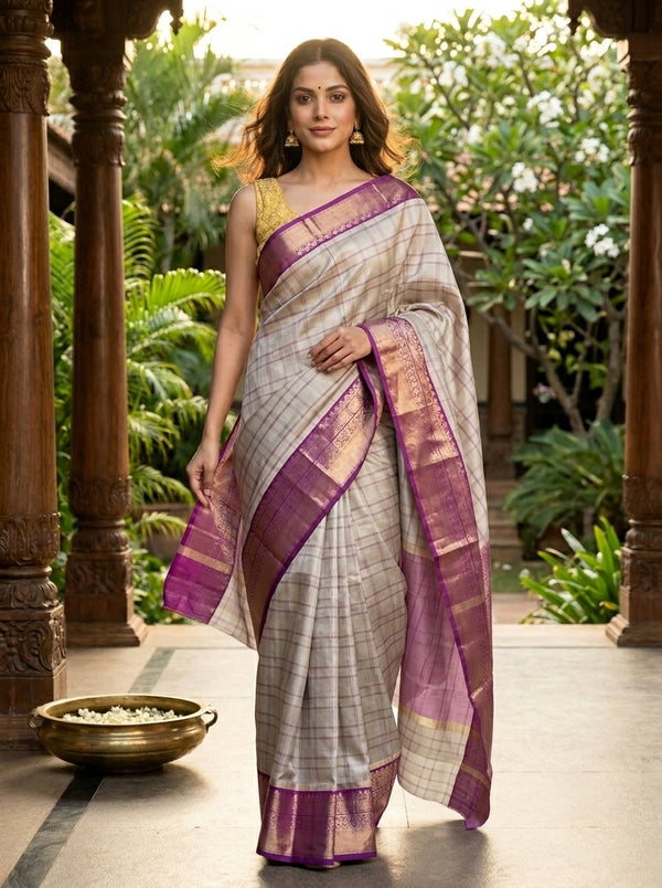 Sage Grey and Purple Kanchi Semi Silk Saree