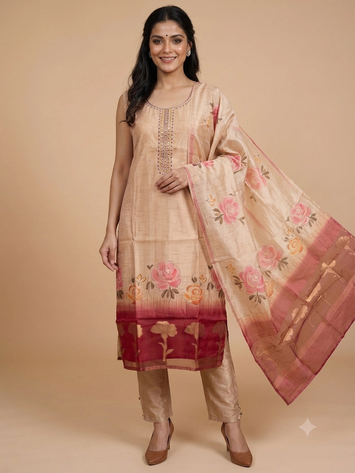 Beige floral tussar silk mirror work straight cut kurti set with printed dupatta