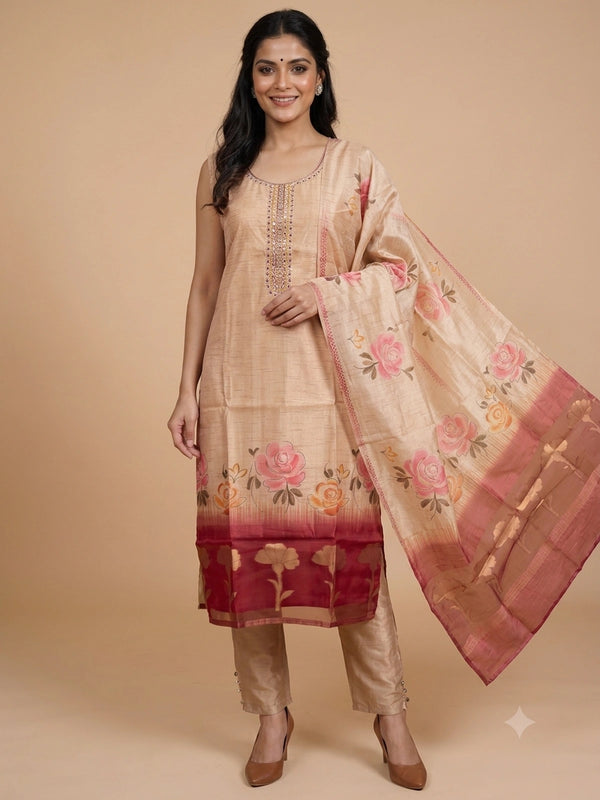 Beige floral tussar silk mirror work straight cut kurti set with printed dupatta