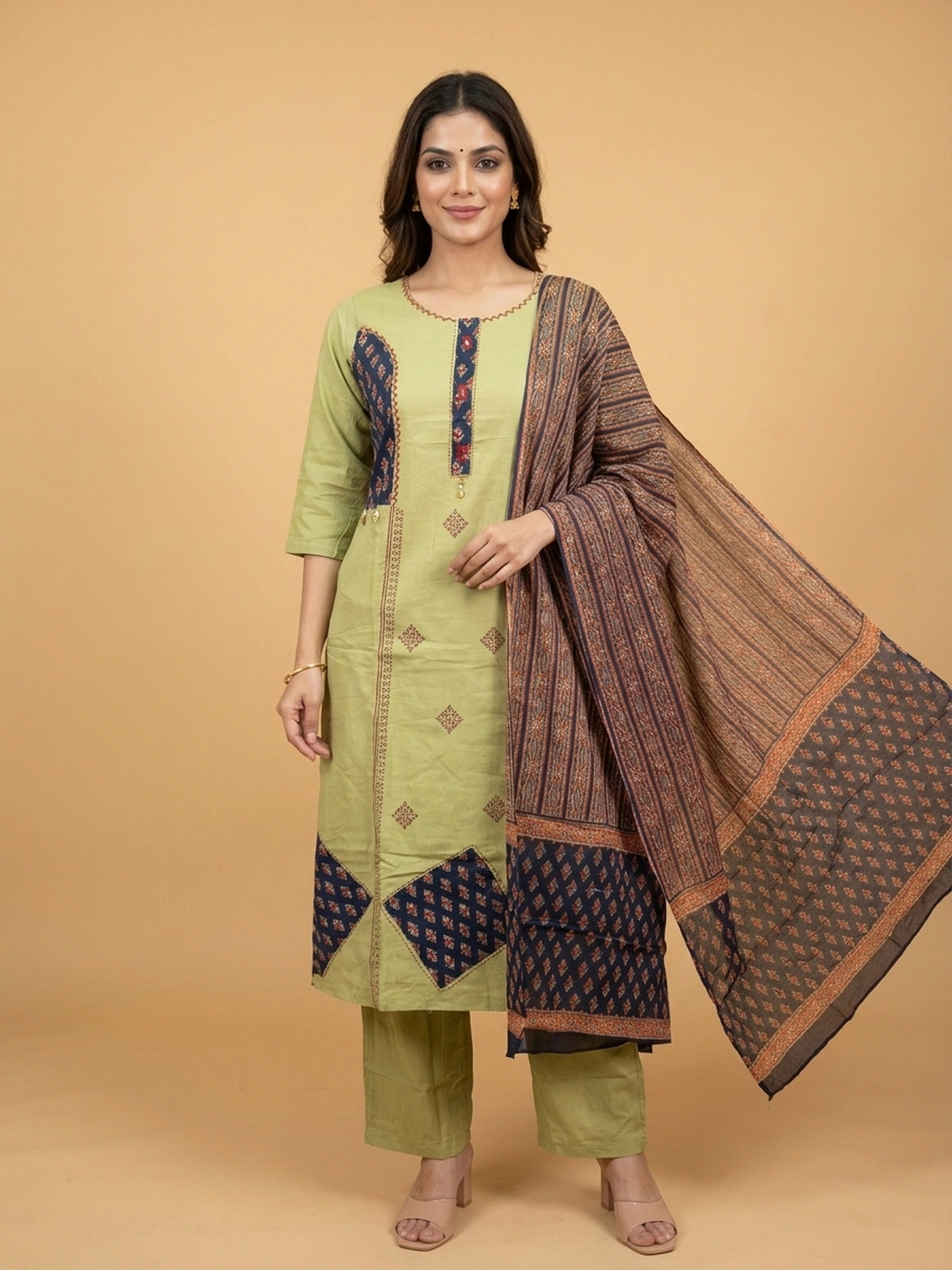 Mehendi green cotton straight cut kurti set with navy Ajrakh patchwork, kantha embroidery and printed dupatta