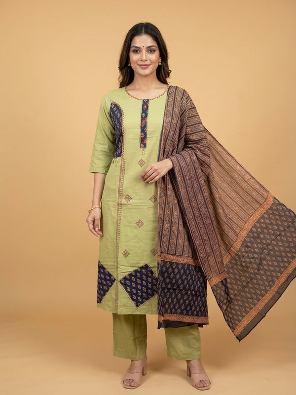 Mehendi green cotton straight cut kurti set with navy Ajrakh patchwork, kantha embroidery and printed dupatta