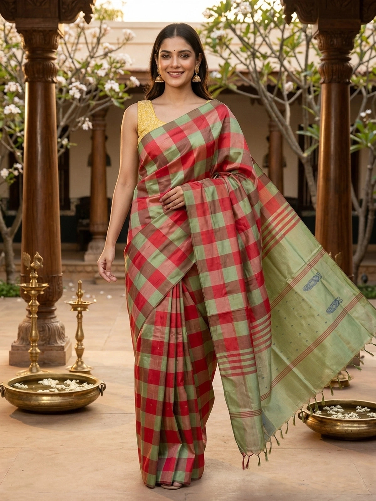 Red and Green Checked Banana Silk Sarees