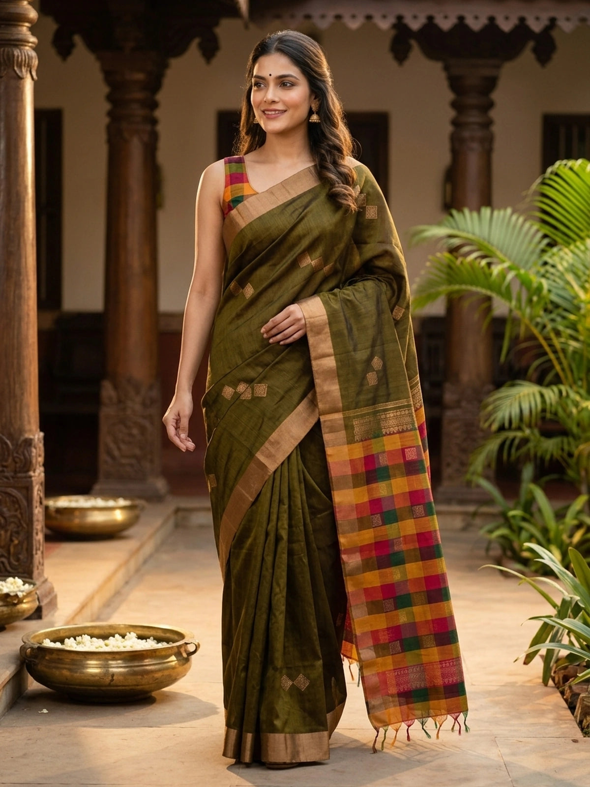 Mehendi Green and Multicolour Pure Silk Cotton Saree
