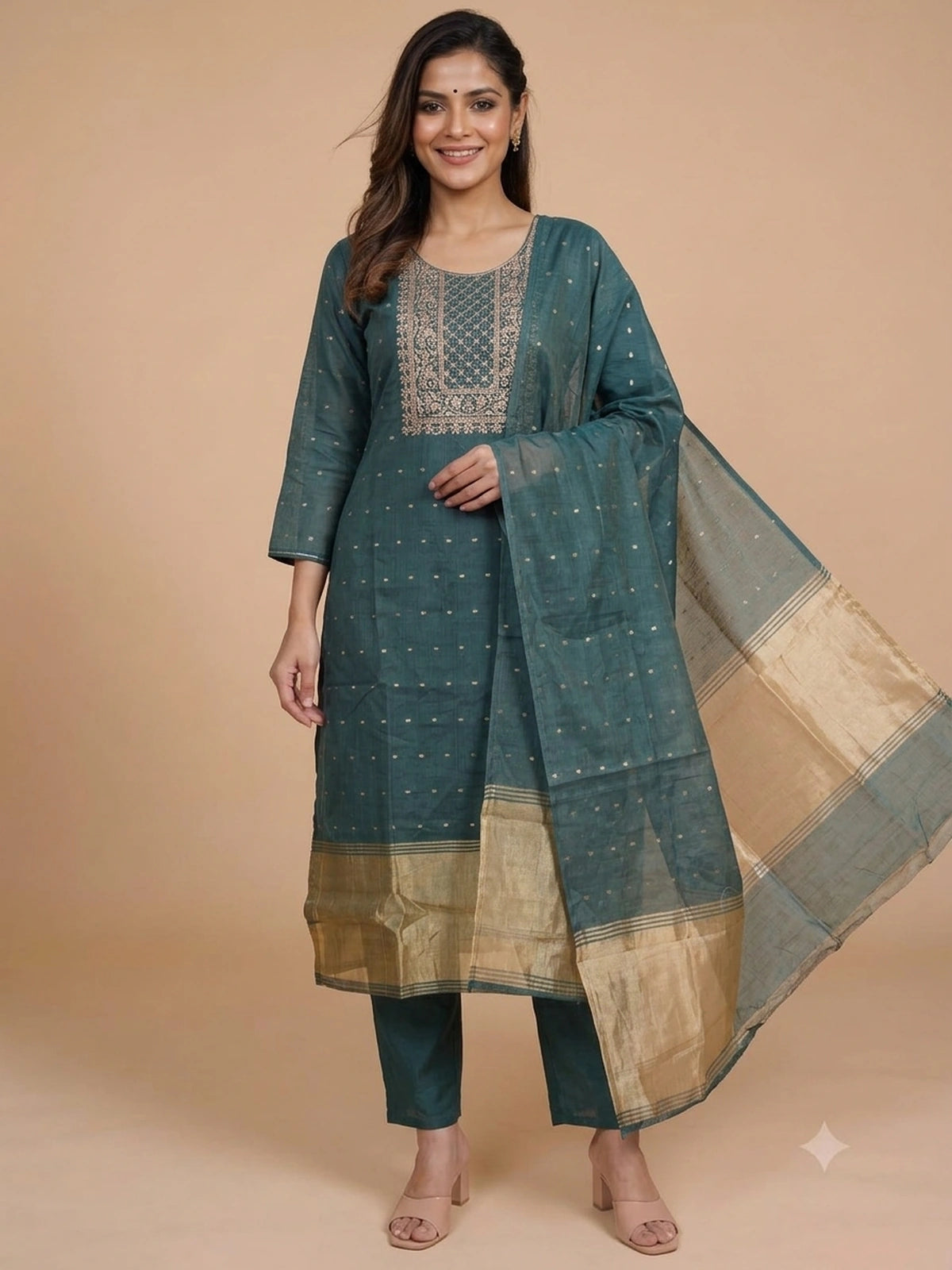 Teal Green Chanderi Silk zari embroidered straight cut kurti set with gold tissue dupatta