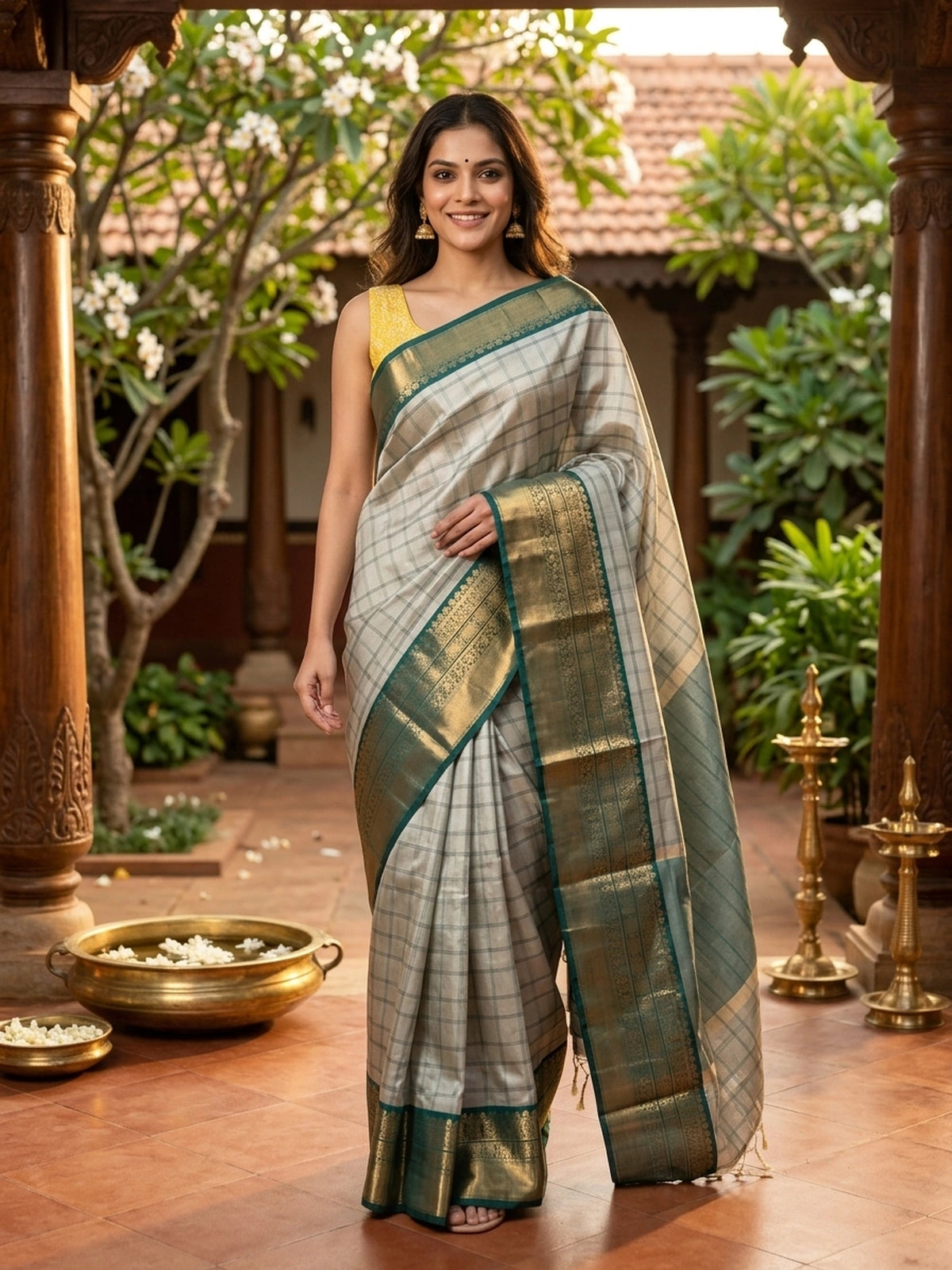 Grey and Green Kanchi Semi Silk Saree