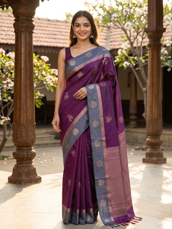 Purple Kanchipuram fancy silk saree with grey-blue contrast border and gold zari buttas
