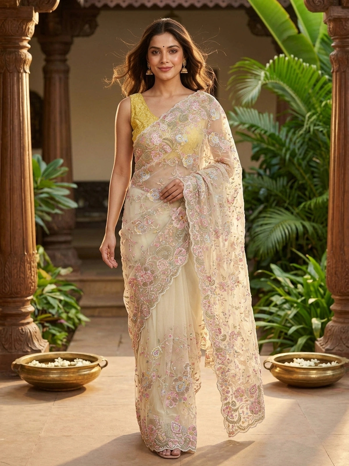 Cream net designer saree with pastel multicolour floral embroidery and scalloped border