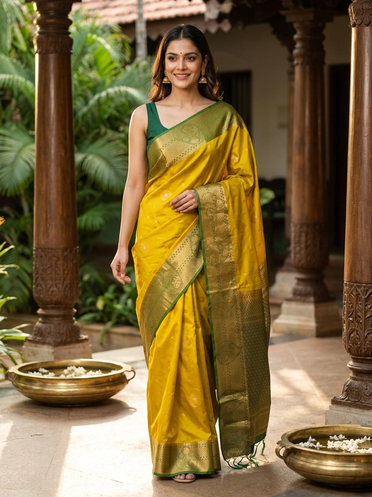 Yellow and Green Semi Silk Saree