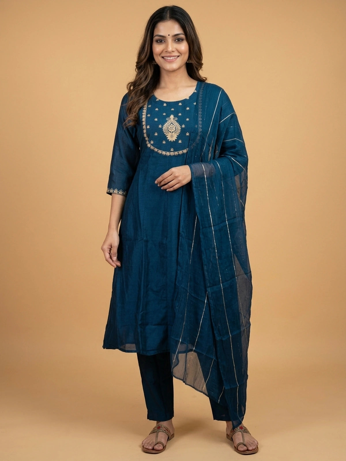 Teal Blue Zari Embroidered Art Silk Anarkali Kurti Set with gold embroidered yoke and striped dupatta