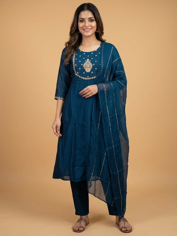 Teal Blue Zari Embroidered Art Silk Anarkali Kurti Set with gold embroidered yoke and striped dupatta