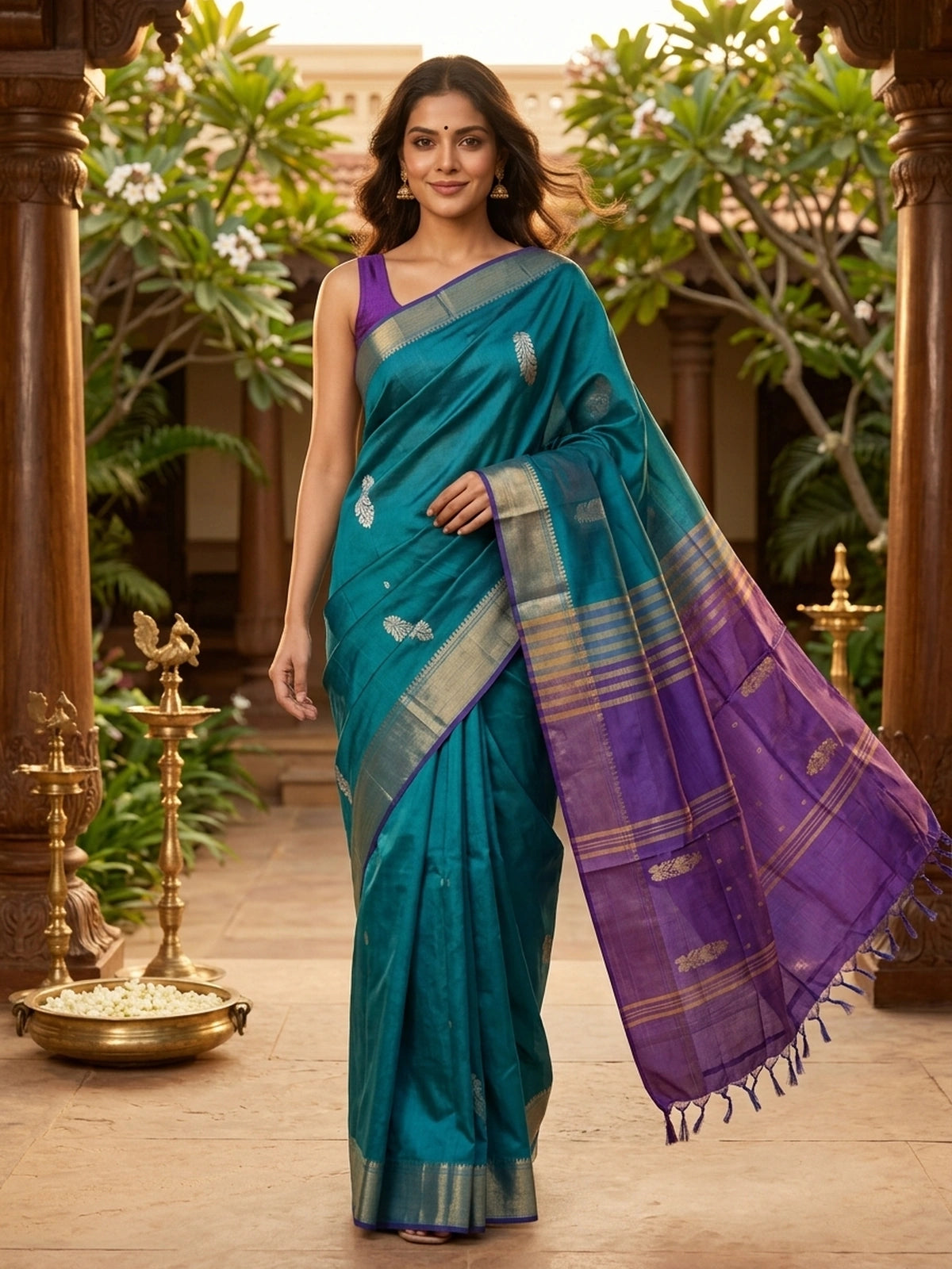Teal Blue and Purple Banana Silk Sarees