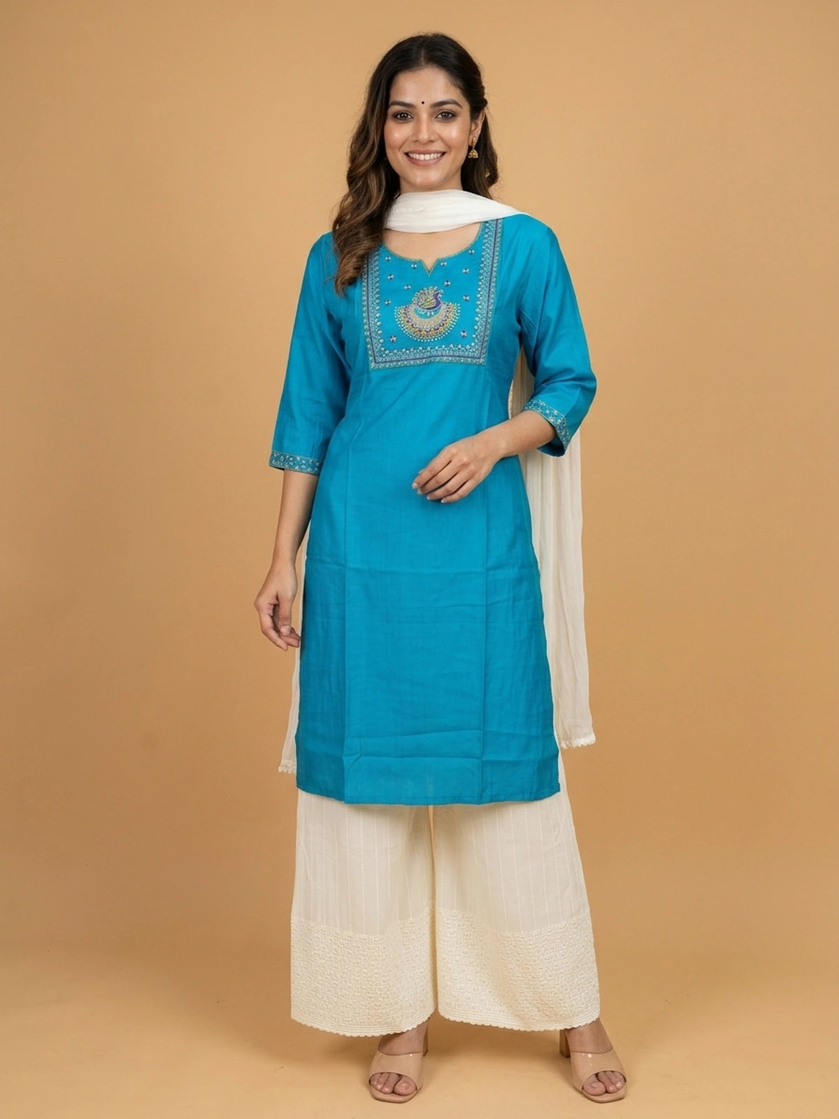 Teal Blue peacock embroidered cotton silk Anarkali kurti top with zari and sequin yoke work