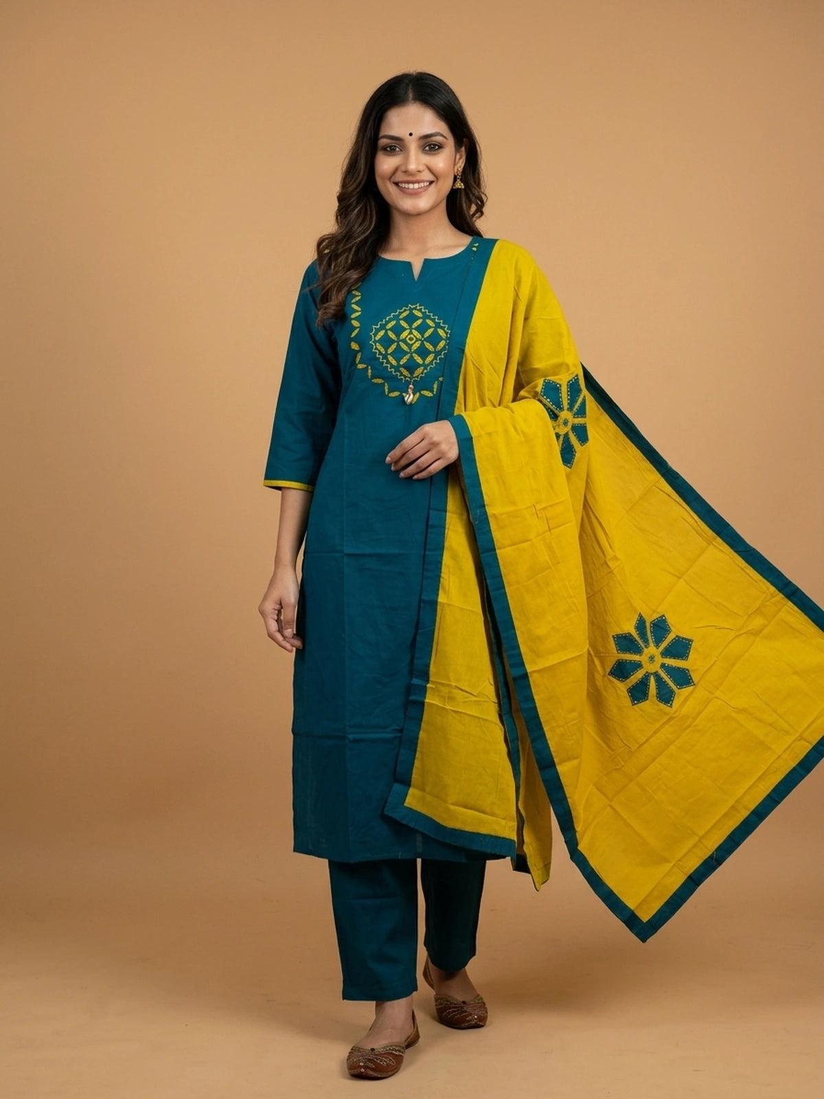 Teal cotton straight-cut kurti set with yellow mirror embroidery and contrasting mustard applique dupatta