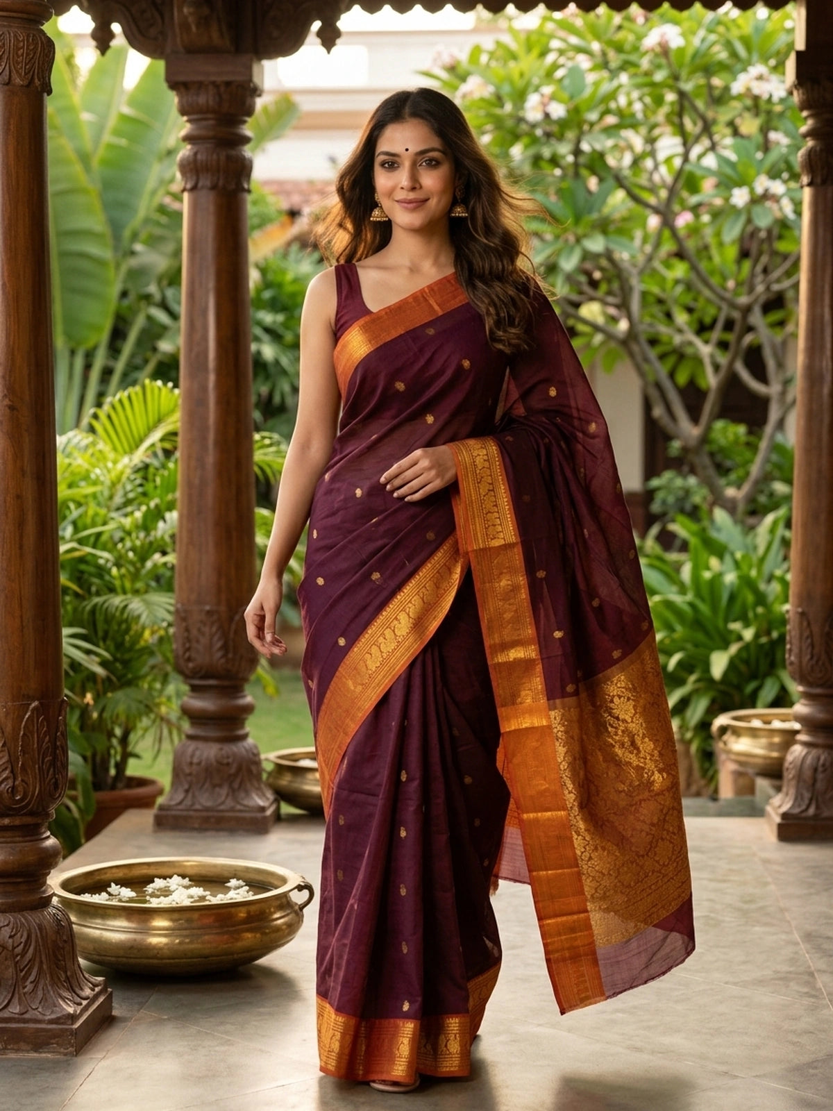 Maroon Chettinad cotton saree with contrast orange gold zari peacock border and zari buttas