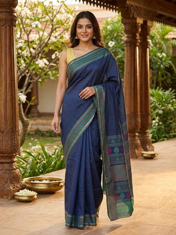 Navy blue Dola silk saree with teal-green contrast checked border and paisley motif pallu