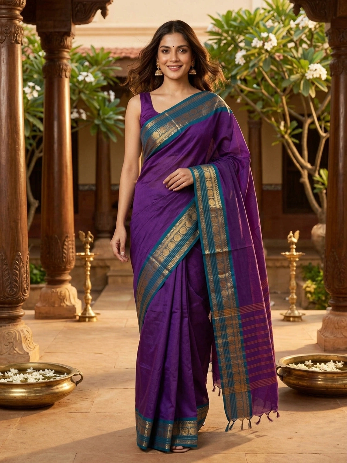 Purple Chettinad cotton saree with peacock-blue and gold zari contrast border