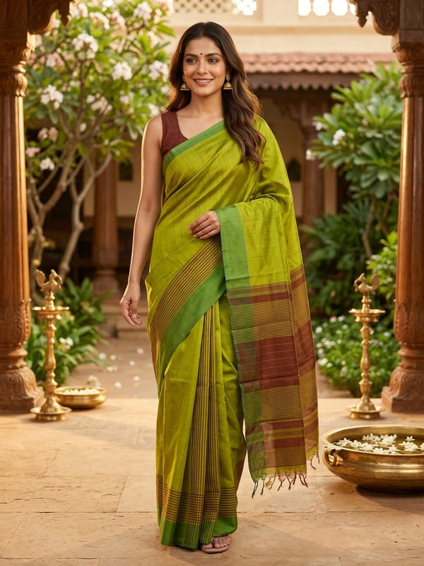 Mehendi green silk cotton saree with contrast green border and maroon gold zari striped pallu