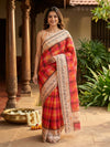 Red and Cream Multicolour Checked Linen Cotton Saree