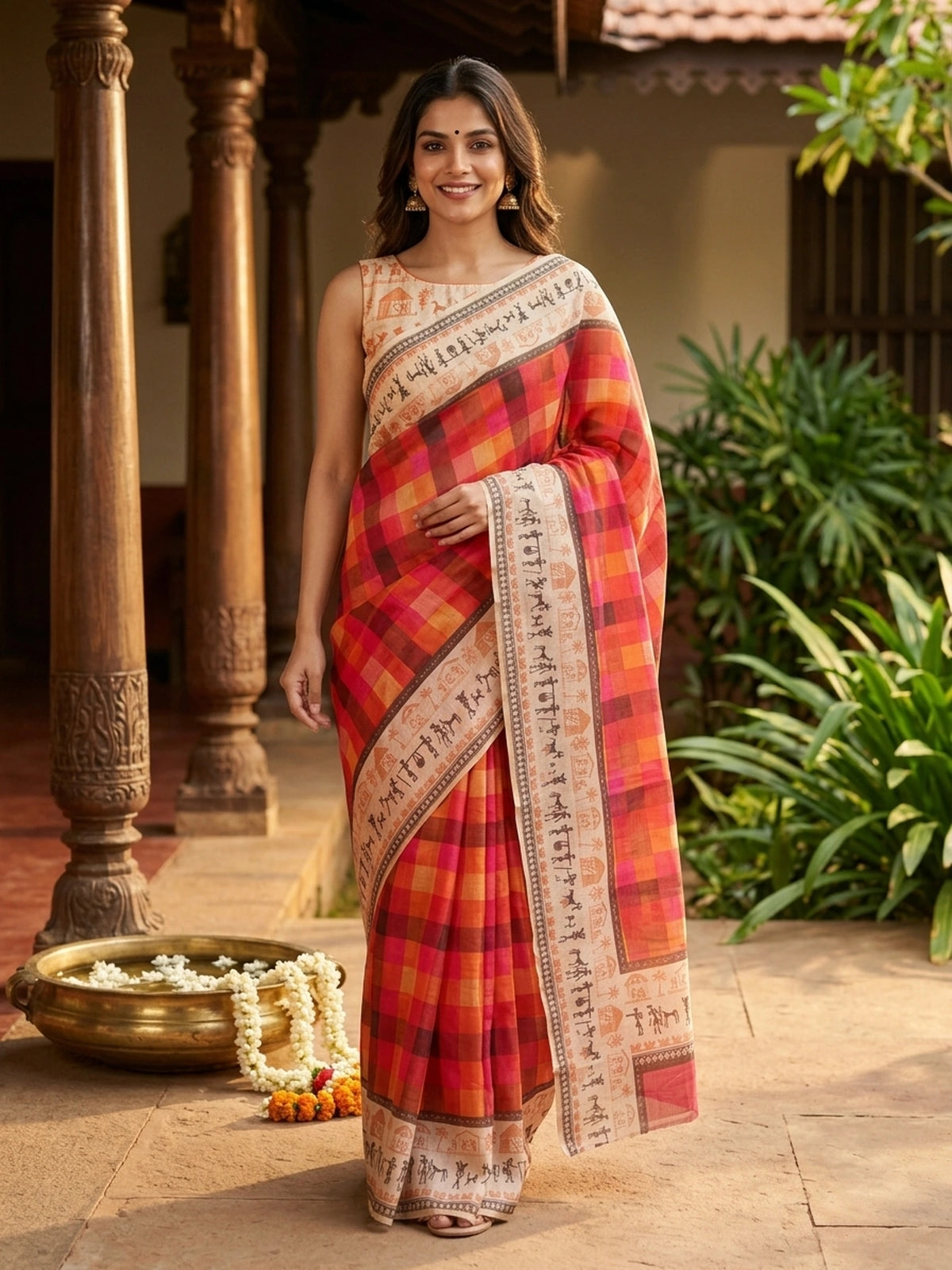 Red and cream multicolour checked linen cotton saree with Warli-print border and pallu