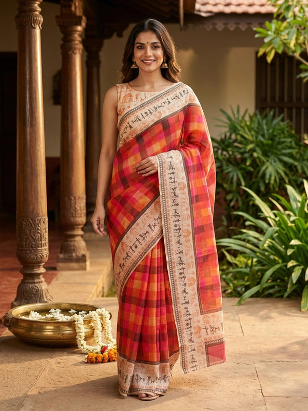 Red and cream multicolour checked linen cotton saree with Warli-print border and pallu