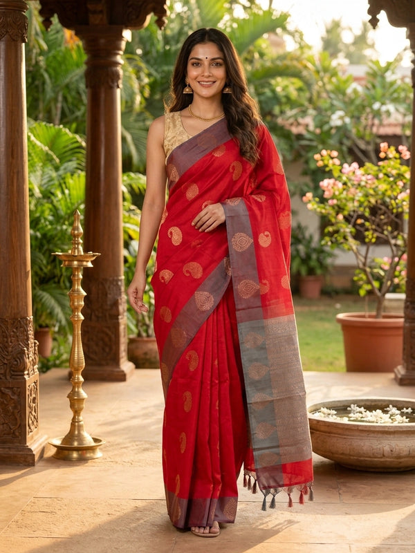 Red silk cotton saree with gold zari paisley buttas and contrast grey zari border and pallu