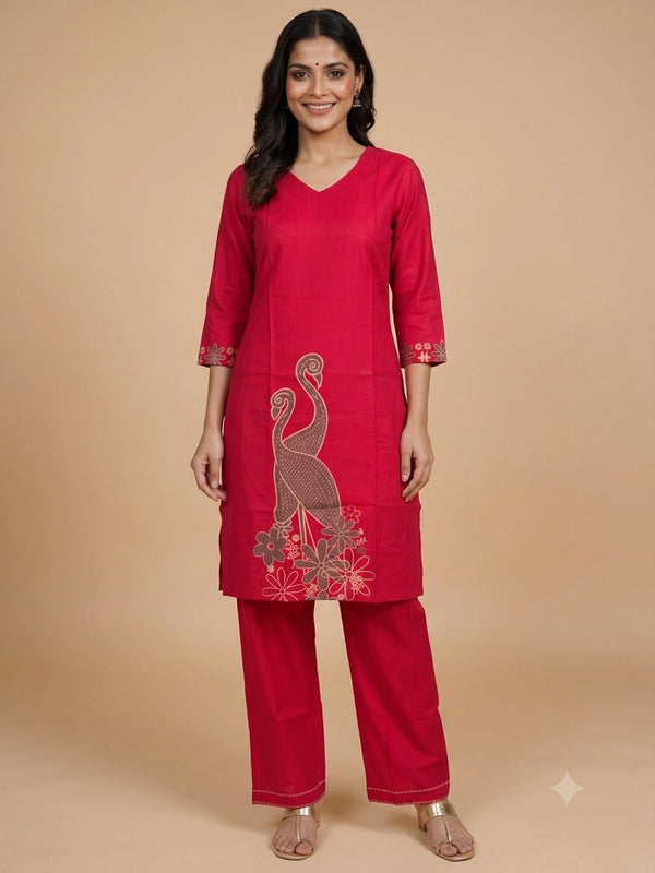 Red cotton co-ord kurti set with crane and floral placement print and matching straight pants