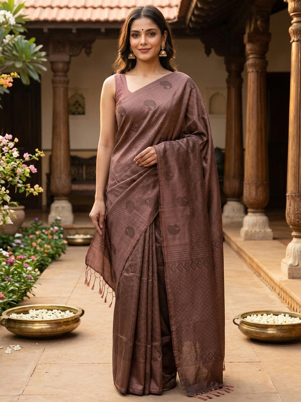 Dusty mauve Kanchipuram Fancy Silk saree with tonal buta motifs and jaali-work pallu