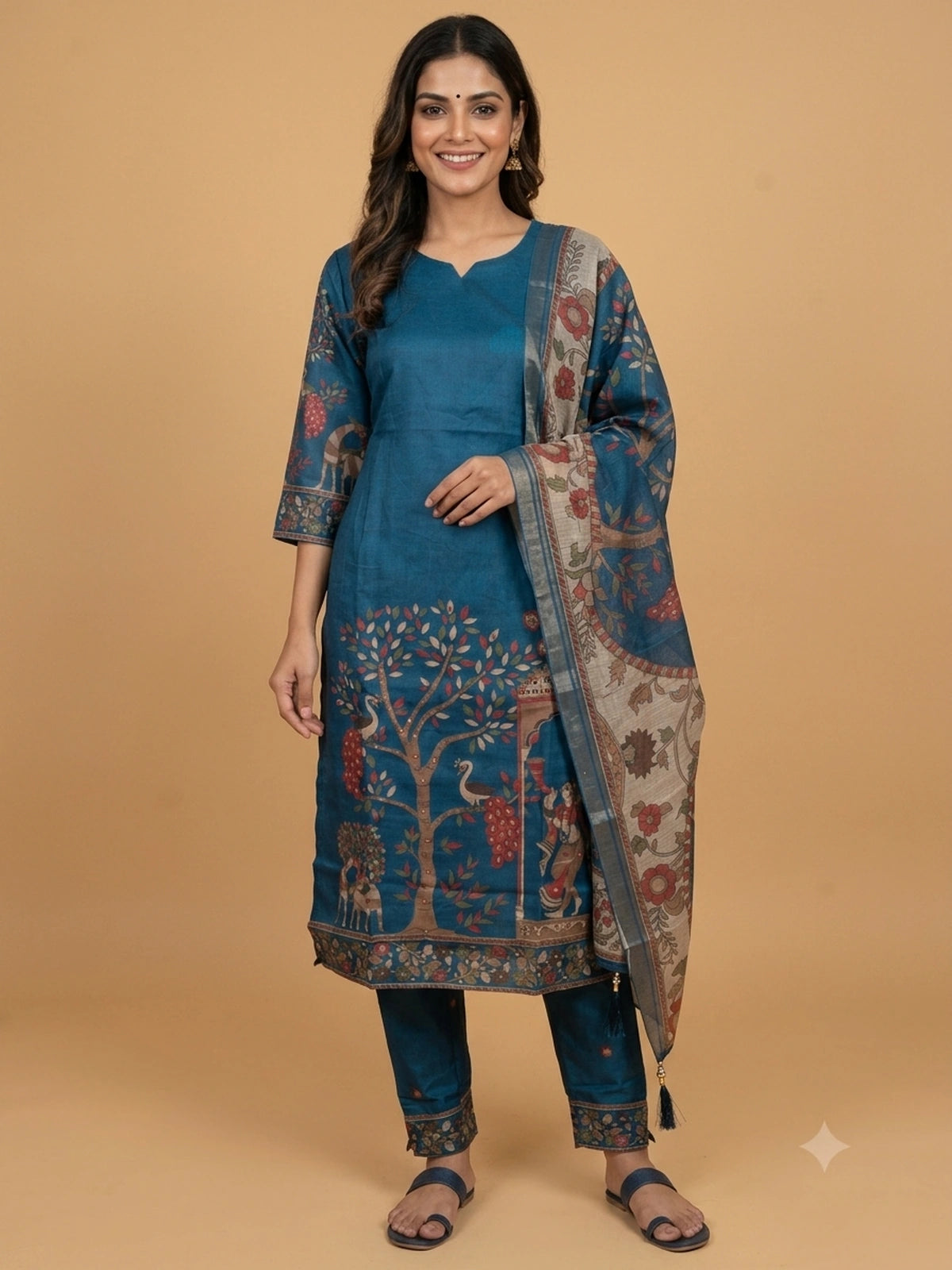 Teal Blue Kalamkari printed cotton straight cut kurti set with pants and dupatta