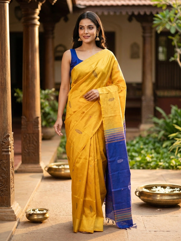 Mustard yellow banana silk saree with royal blue contrast pallu, border and scattered buttas
