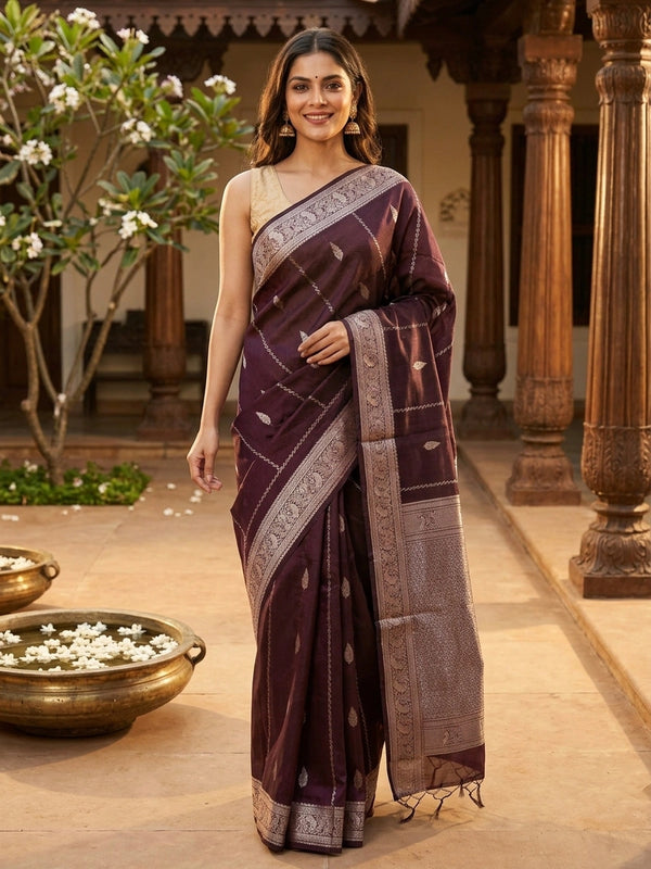 Wine silk cotton saree with silver zari buttas and contrast peacock-motif border