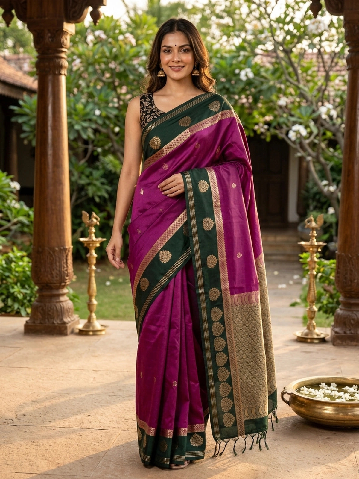 Magenta and Green Semi Silk Saree