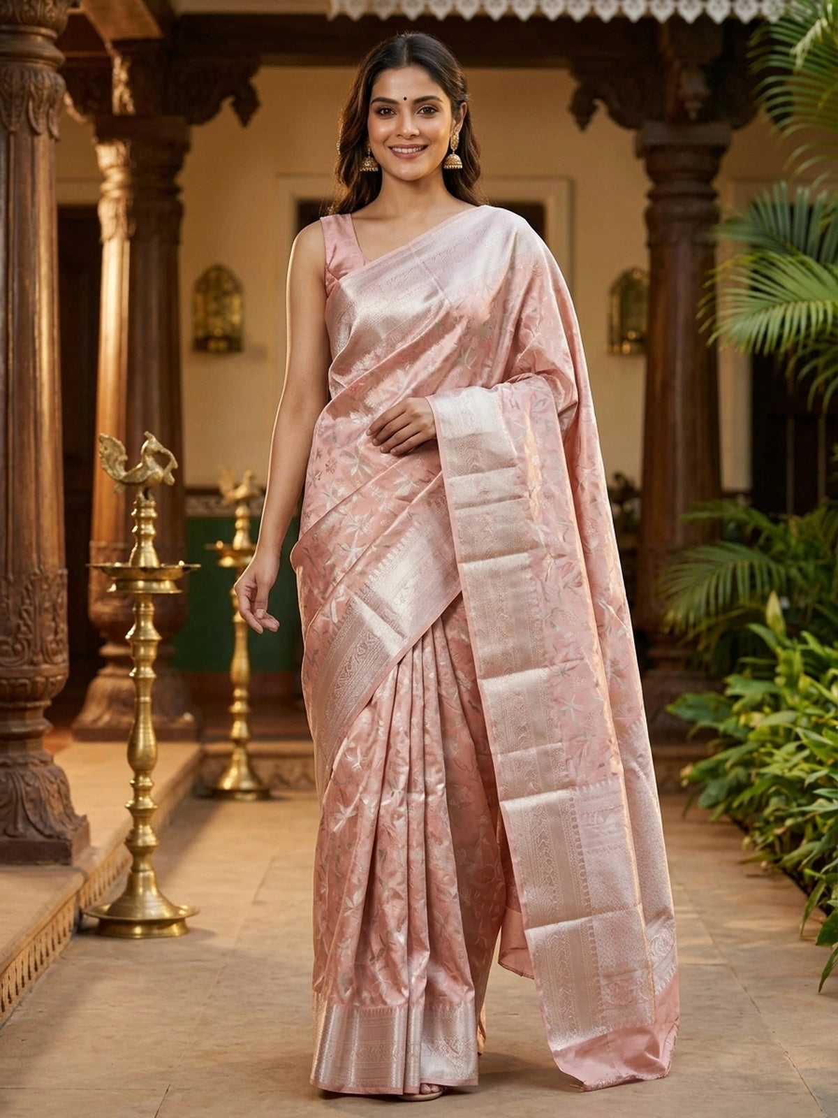 Rose pink pure Kanchipuram silk saree with silver zari floral and bird motifs and contrast zari border