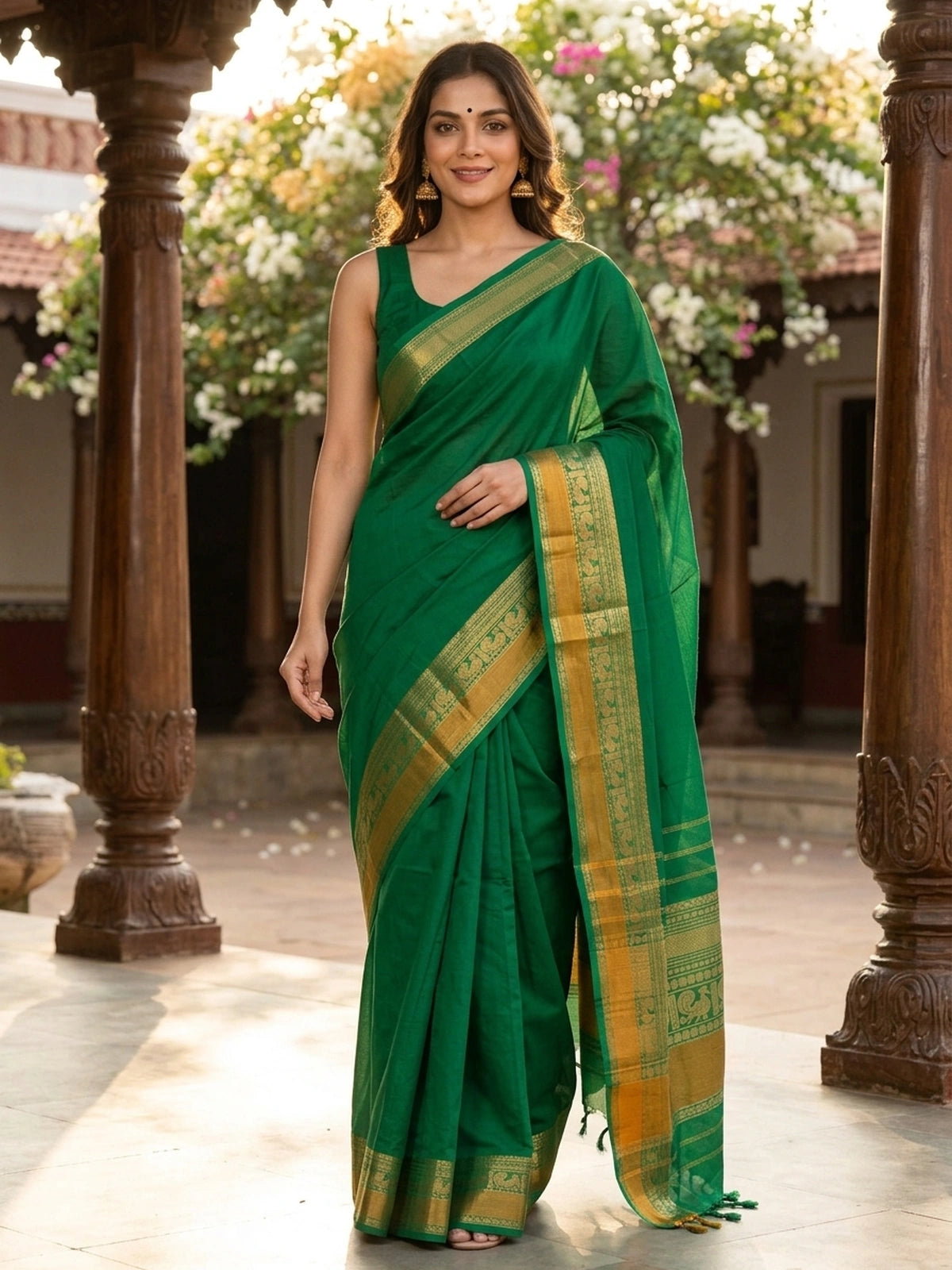 Green Chettinad cotton saree with gold zari peacock-motif border and striped pallu