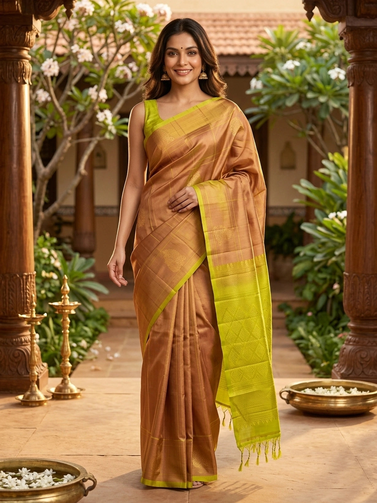 Copper Gold and Lime Green Kanchipuram Pure Mix Saree