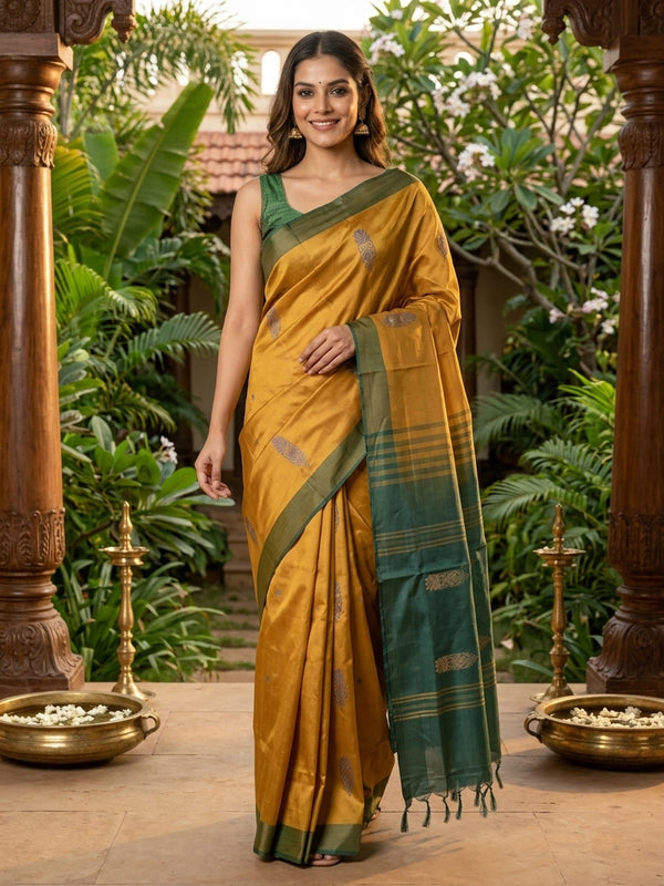 Mustard banana silk saree with contrast bottle-green border, gold zari buttas and striped tasselled pallu