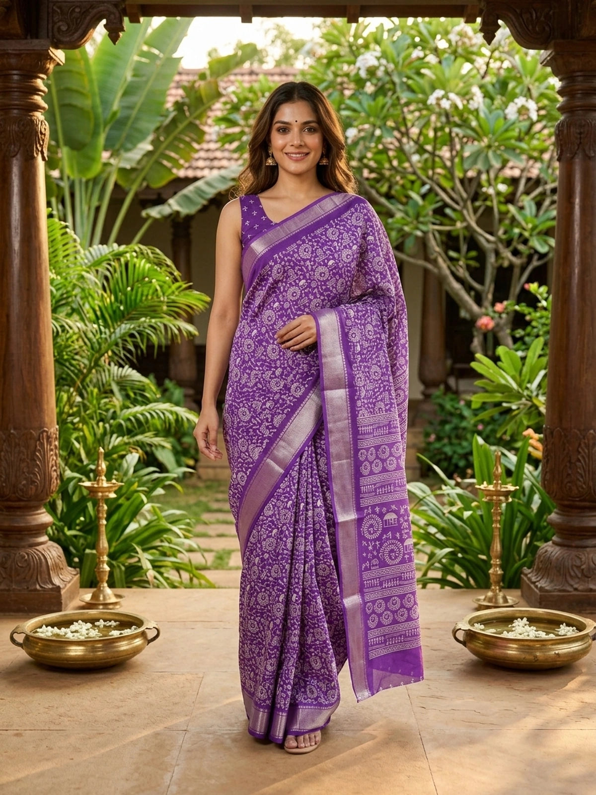 Purple and White Dola Silk Saree