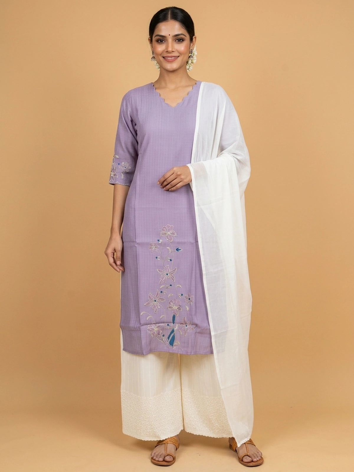 Lavender floral embroidered cotton silk Anarkali kurti top with scalloped neckline