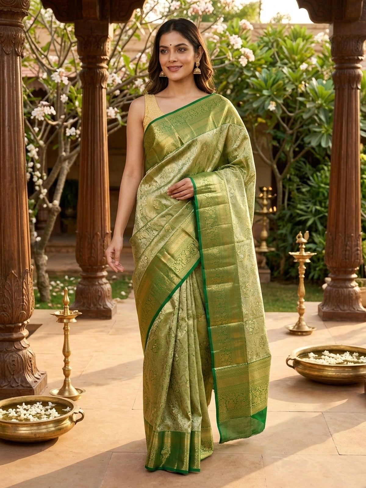 Green pure Kanchipuram silk saree with gold zari floral motifs and contrast border