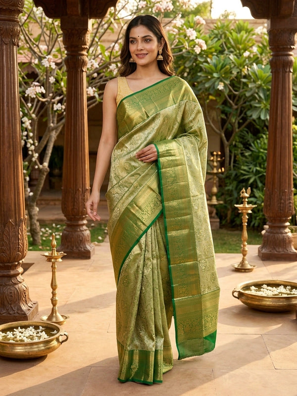 Green pure Kanchipuram silk saree with gold zari floral motifs and contrast border
