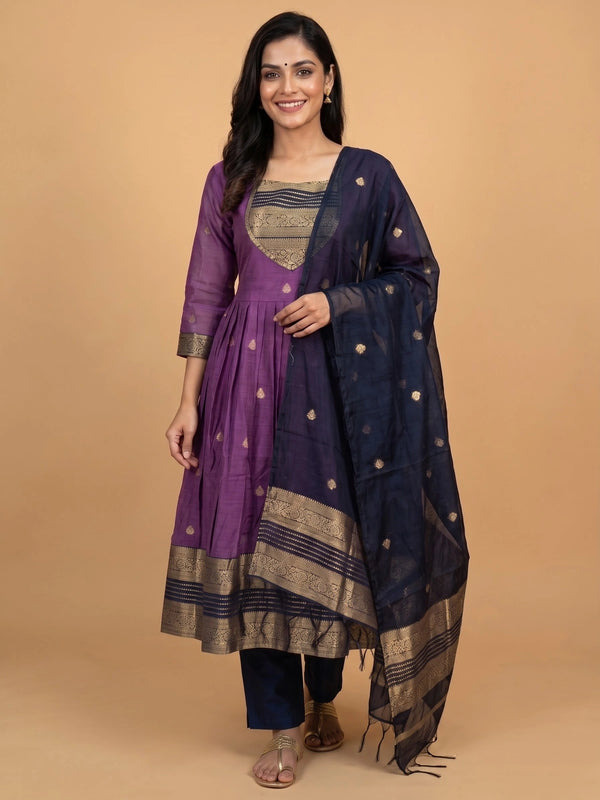 Purple Anarkali kurti set with navy blue zari woven yoke, dupatta and straight pants