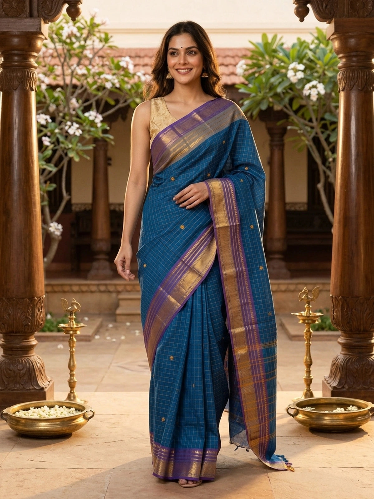 Peacock Blue and Purple Chettinad Cotton Saree