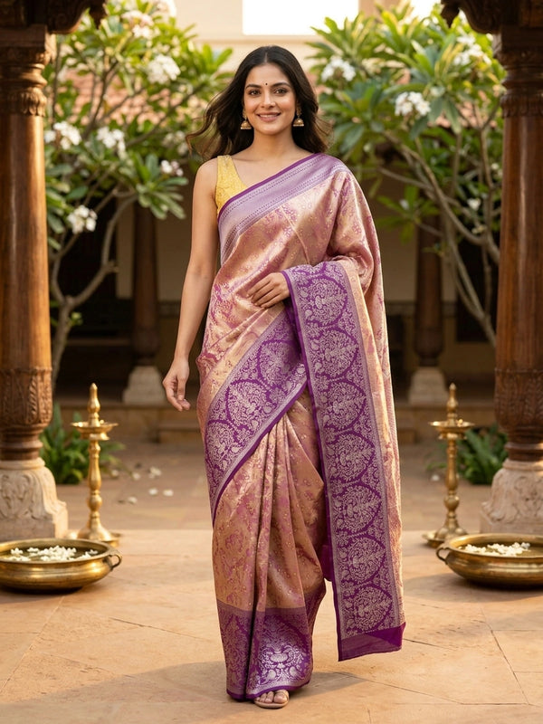 Rose gold and purple pure Kanchipuram silk saree with gold zari floral jaal body and contrast purple peacock border