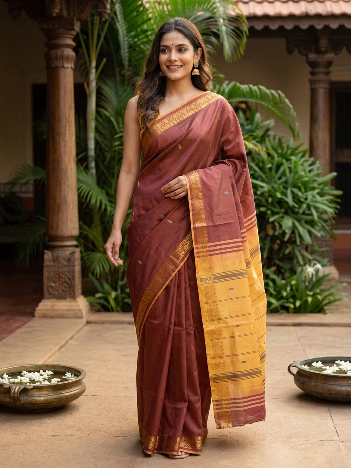 Maroon banana silk saree with mustard contrast pallu and gold zari border