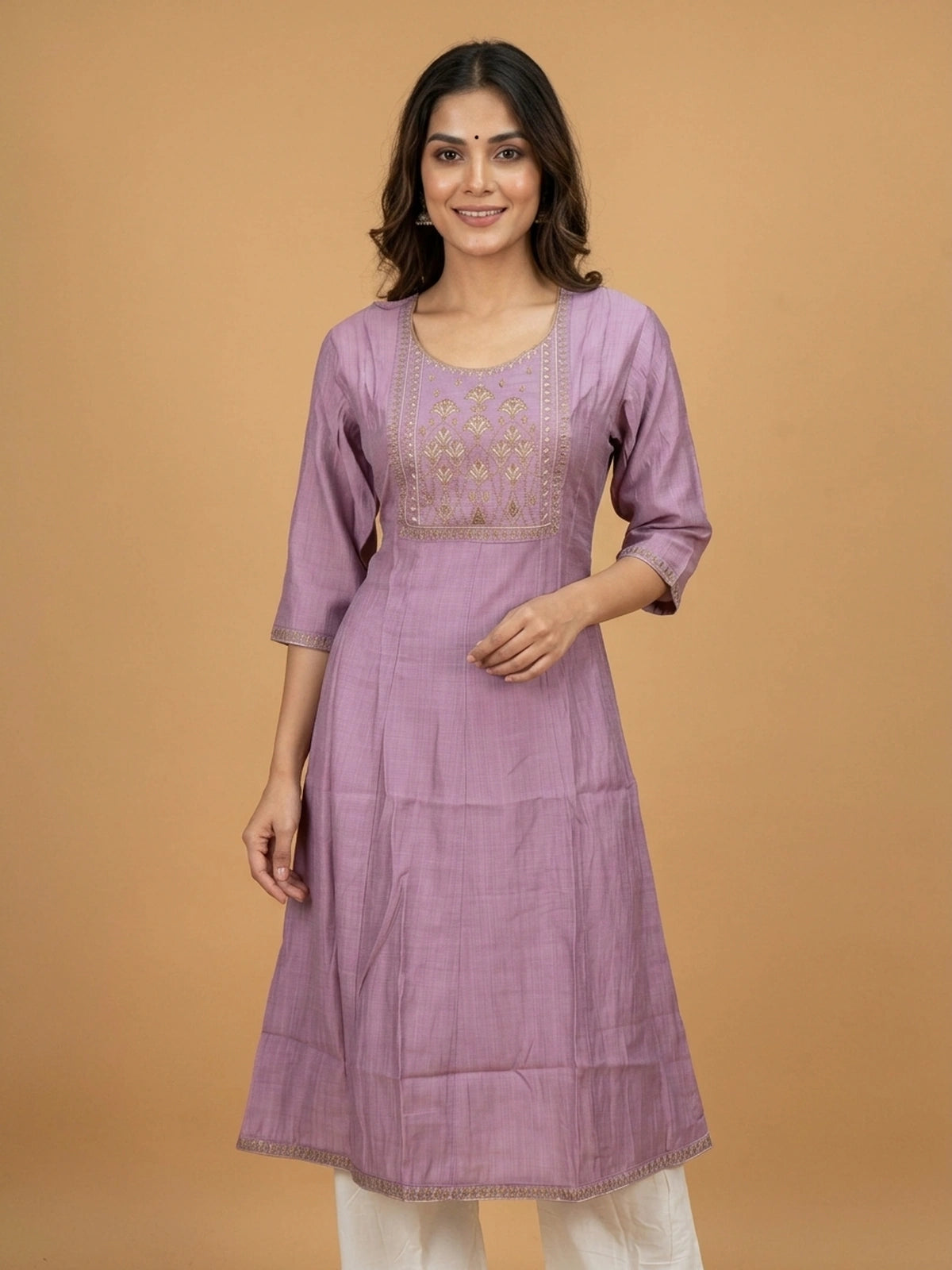 Lavender zari embroidered cotton Anarkali kurti top with gold floral yoke