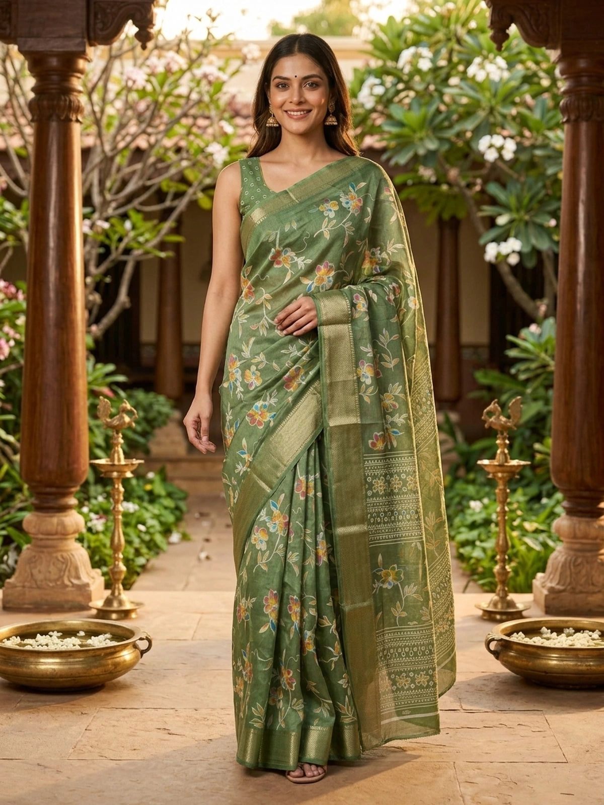 Green and Multicolour Floral Designer Zari Work Art Silk Saree