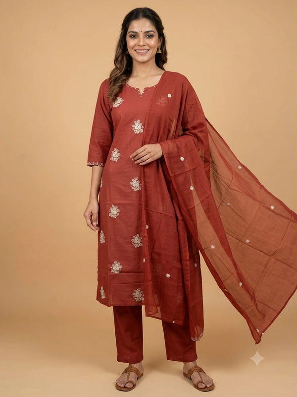 Rust Red Cotton Floral Embroidered Straight Cut Kurti Set with Dupatta