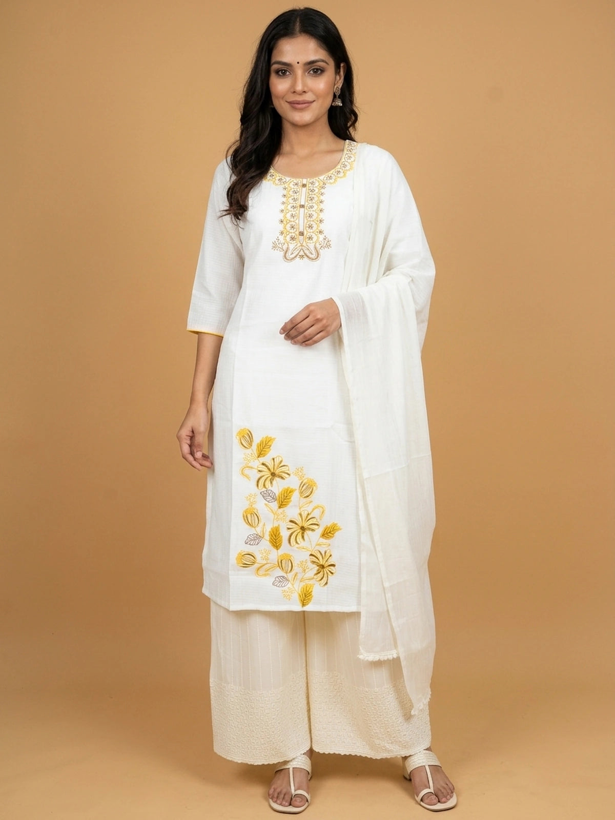 White cotton Anarkali kurti with yellow floral embroidery on neckline and hem