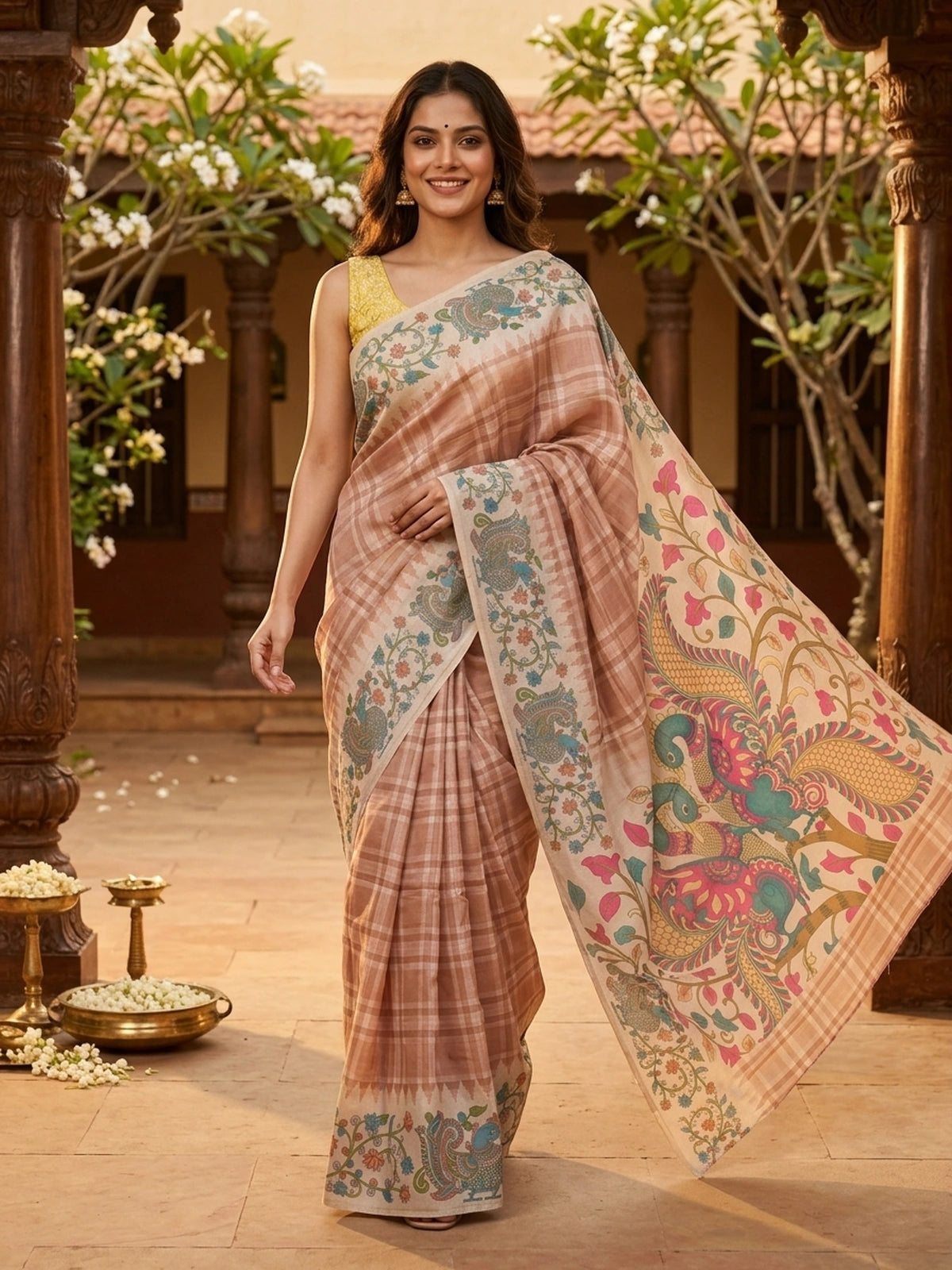 Peach Beige and Cream Linen Cotton Saree